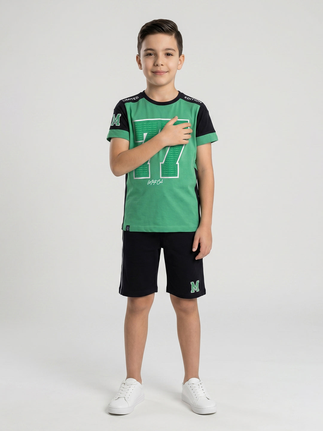 Boys Green Printed Round Neck Half Sleeve Bermuda Set