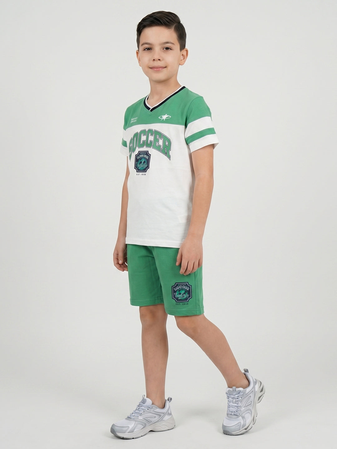 Boys Green Printed V Neck Half Sleeve Bermuda Set