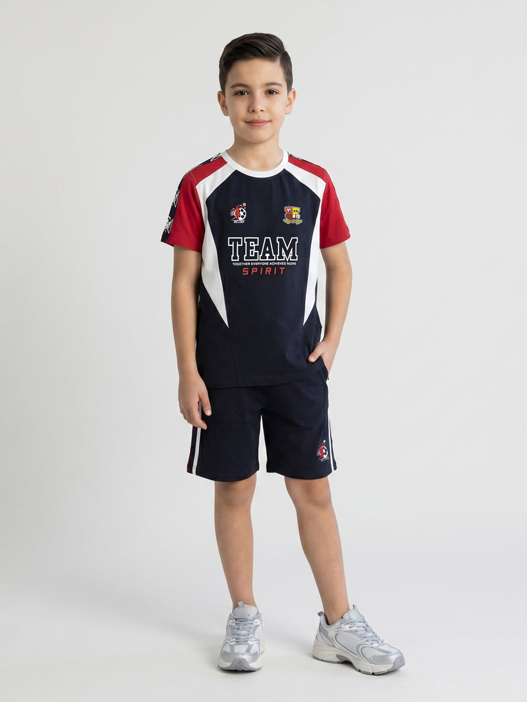 Boys Navy Blue Printed Round Neck Half Sleeve Bermuda Set