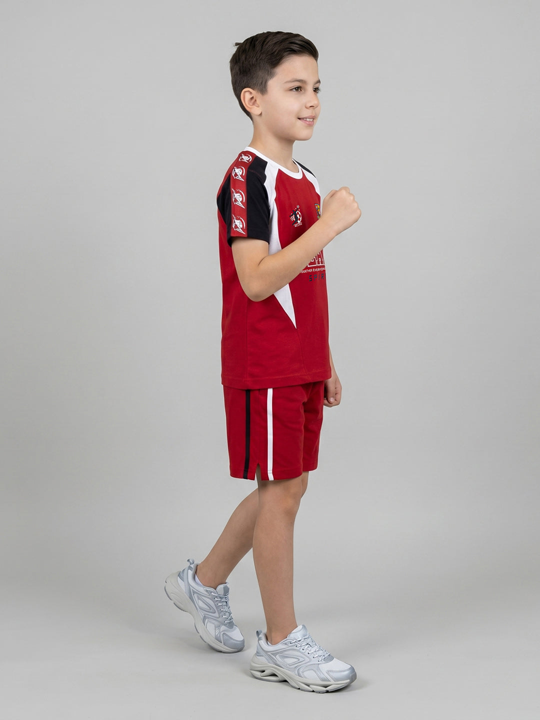 Boys Red Printed Round Neck Half Sleeve Bermuda Set