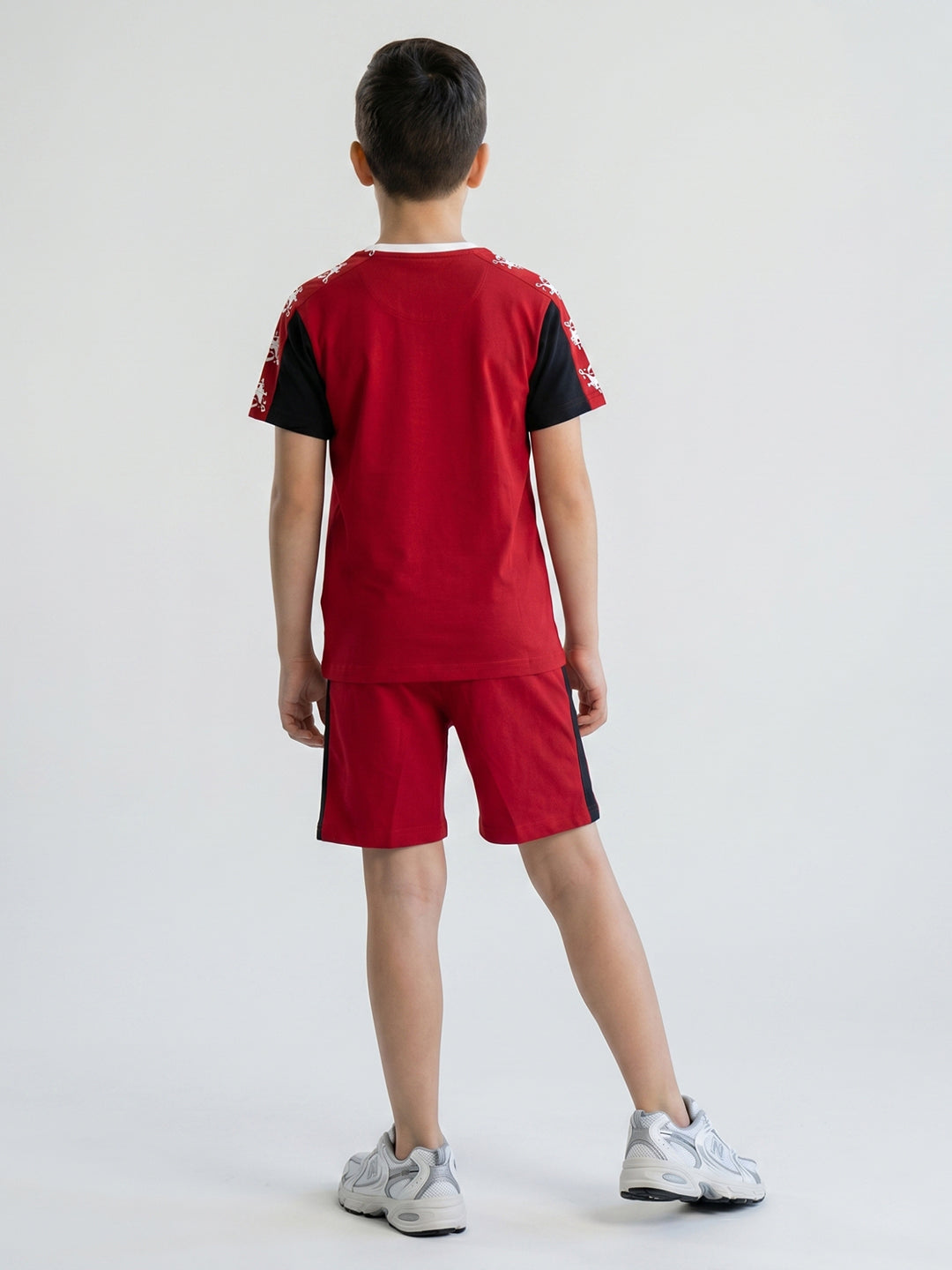 Boys Red Printed Round Neck Half Sleeve Bermuda Set