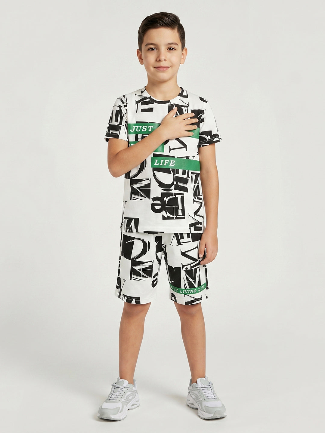 Boys White Printed Round Neck Half Sleeve Cords Set