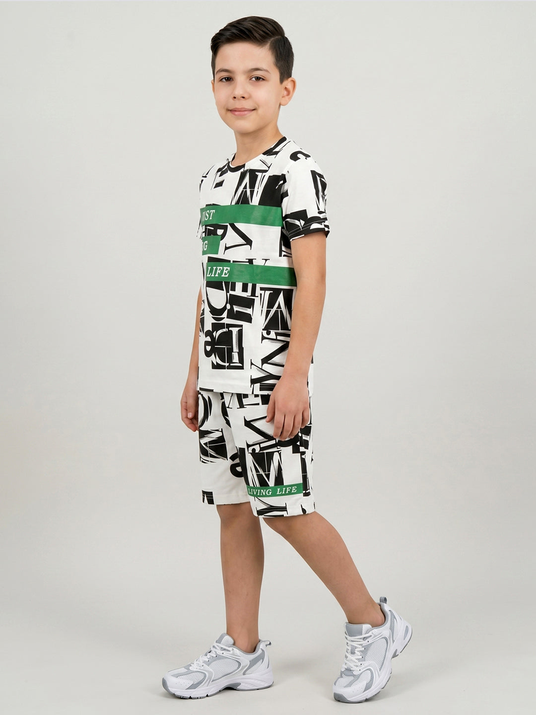 Boys White Printed Round Neck Half Sleeve Cords Set