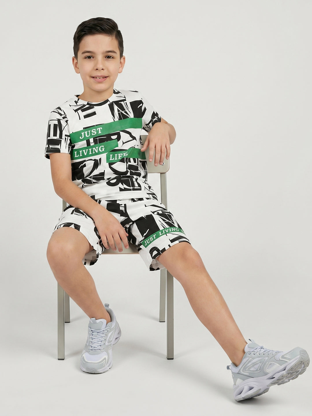 Boys White Printed Round Neck Half Sleeve Cords Set