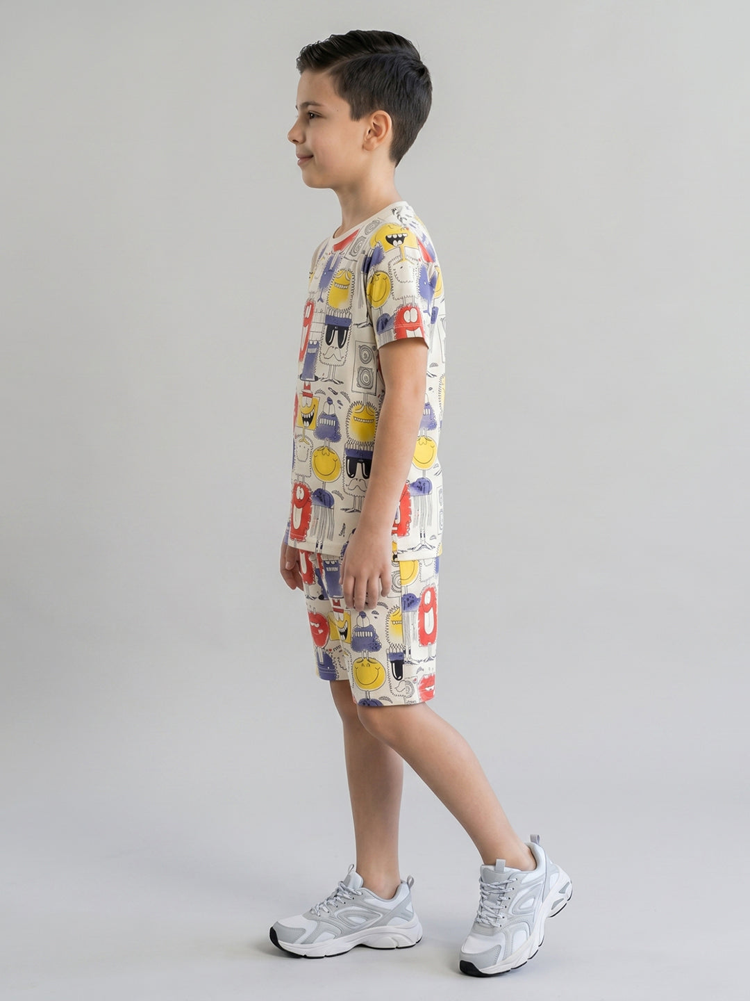 Boys Cream Printed Round Neck Half Sleeve Cords Set