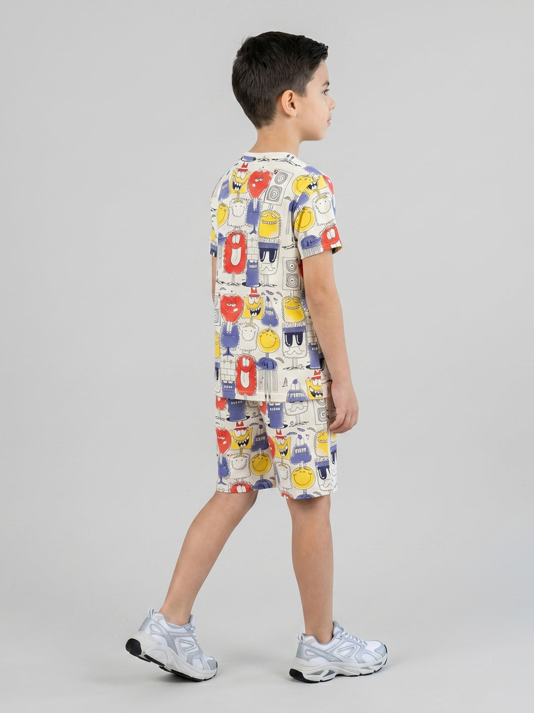 Boys Cream Printed Round Neck Half Sleeve Cords Set