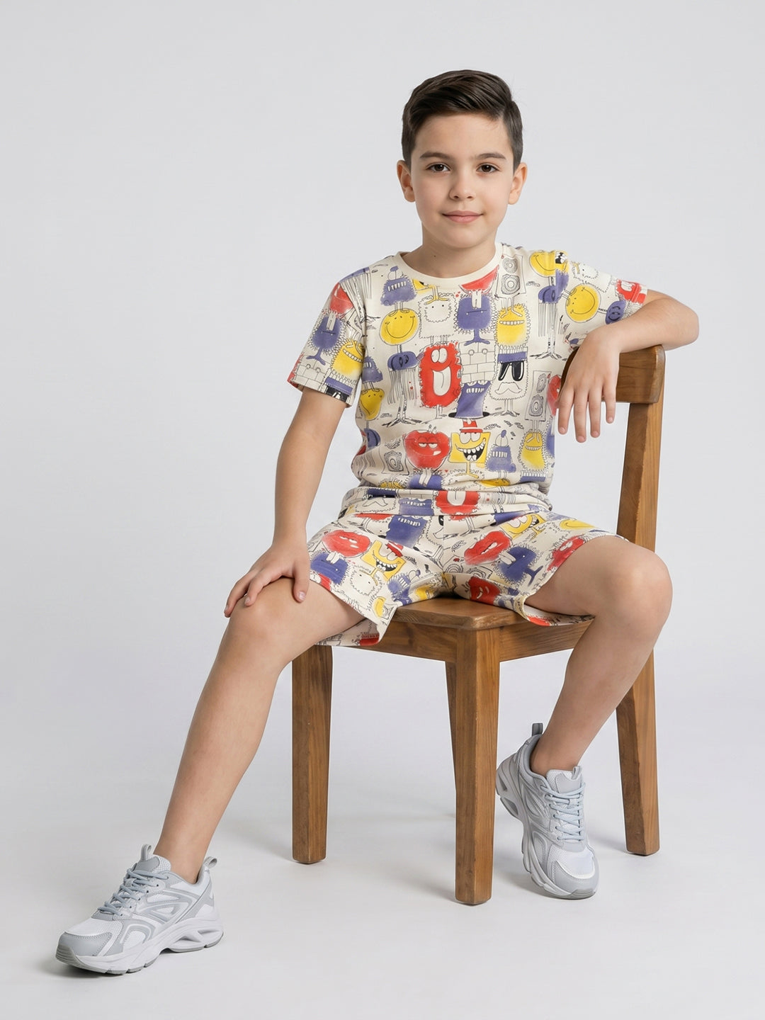 Boys Cream Printed Round Neck Half Sleeve Cords Set