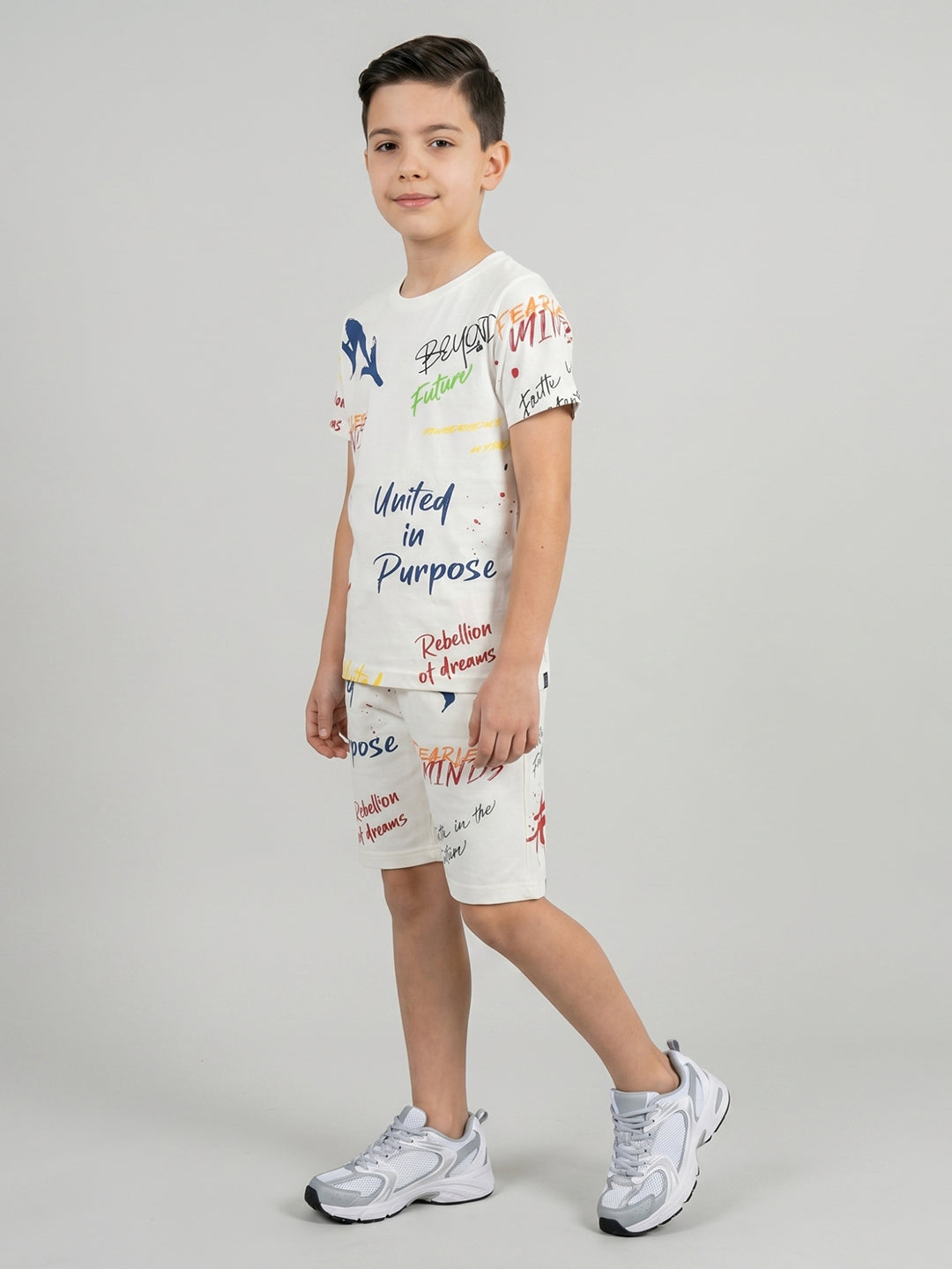 Boys White Printed Round Neck Half Sleeve Cords Set