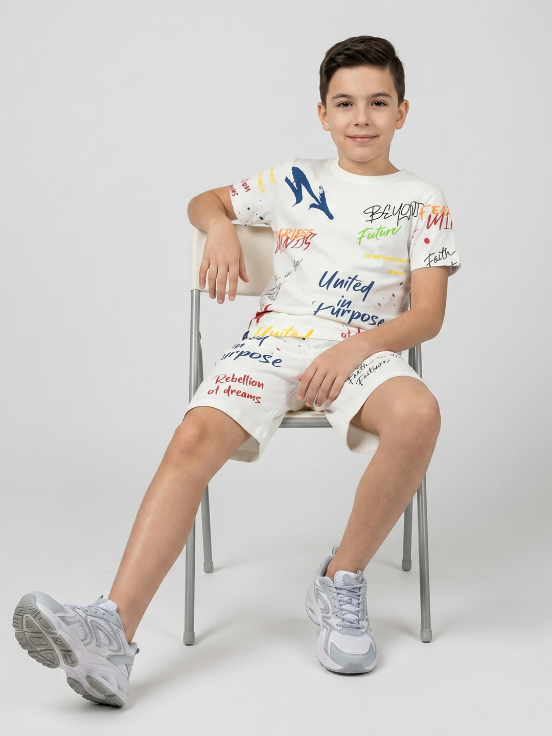 Boys White Printed Round Neck Half Sleeve Cords Set