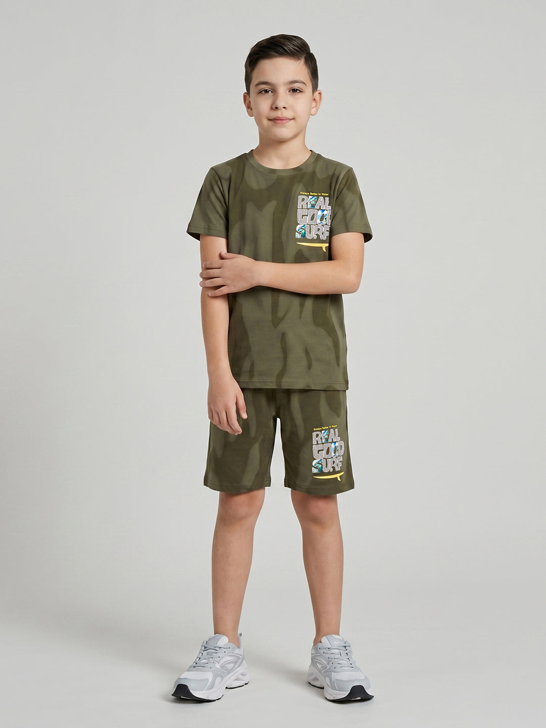 Boys Olive Printed Round Neck Half Sleeve Cords Set