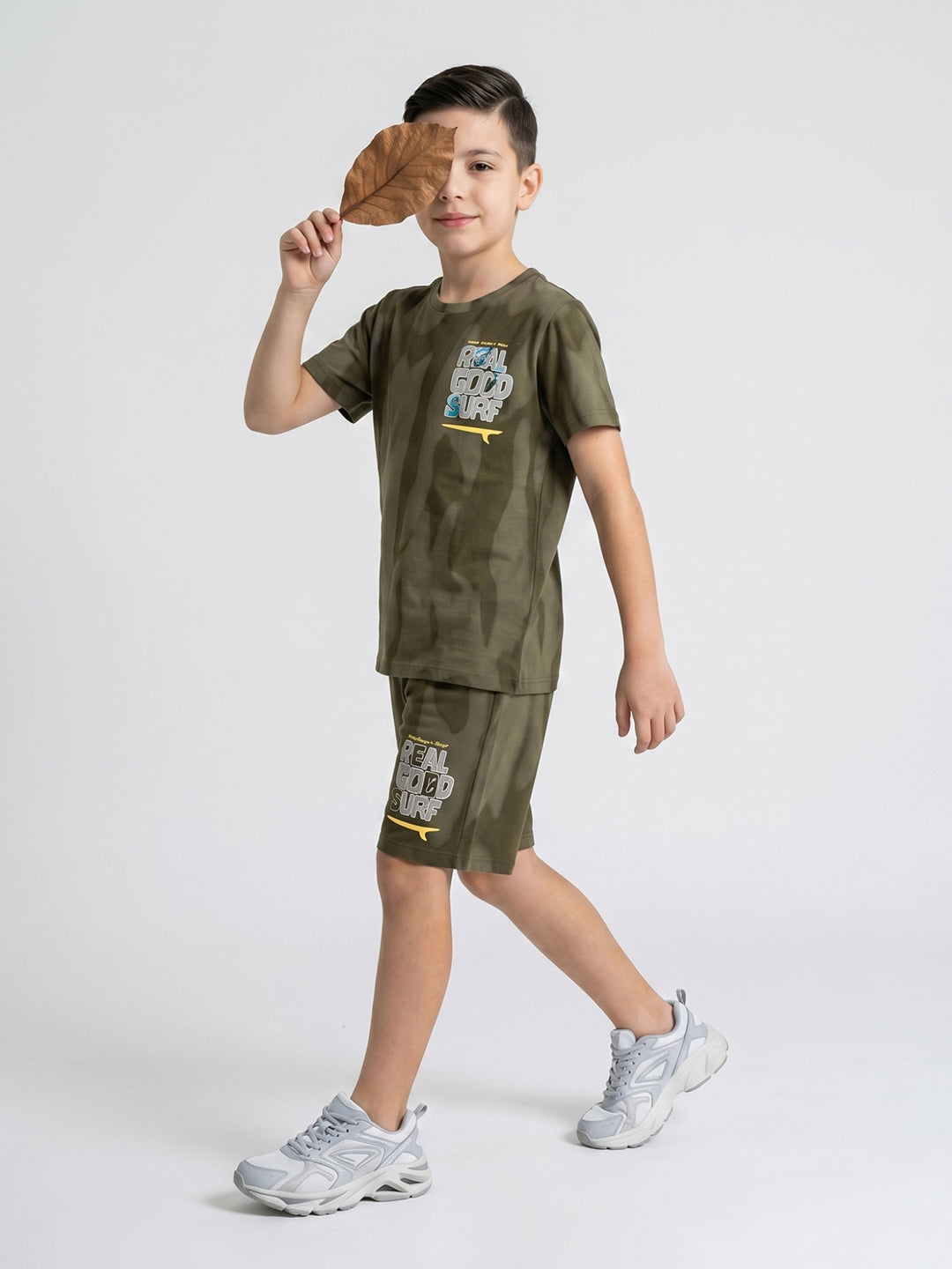 Boys Olive Printed Round Neck Half Sleeve Cords Set