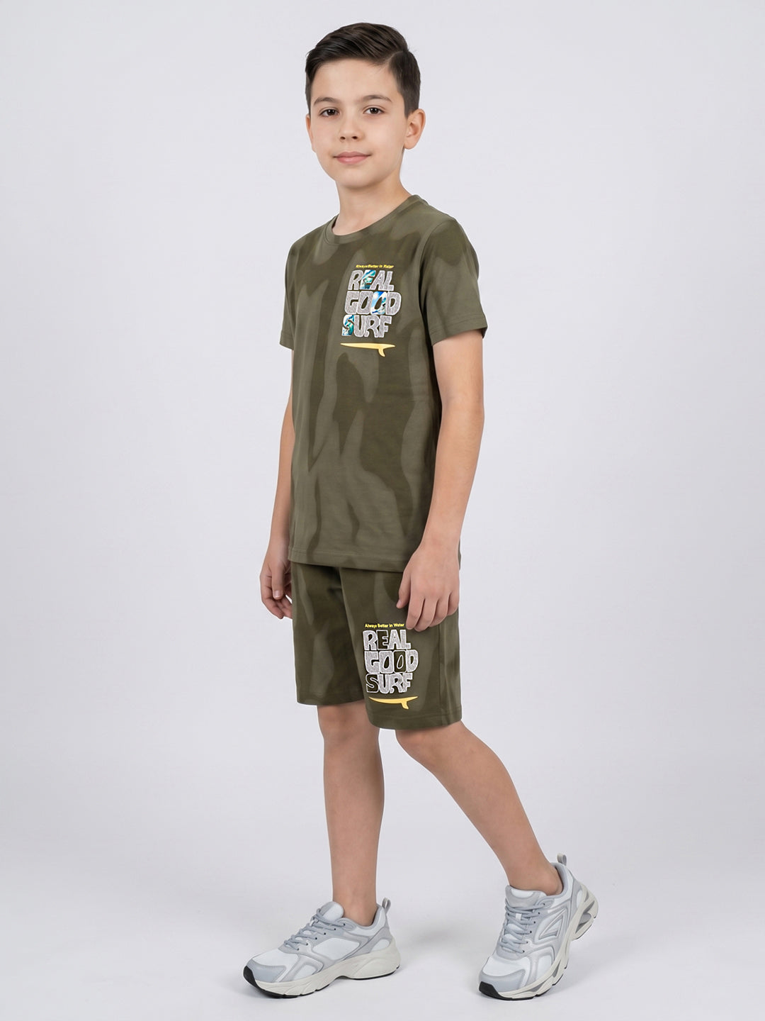 Boys Olive Printed Round Neck Half Sleeve Cords Set