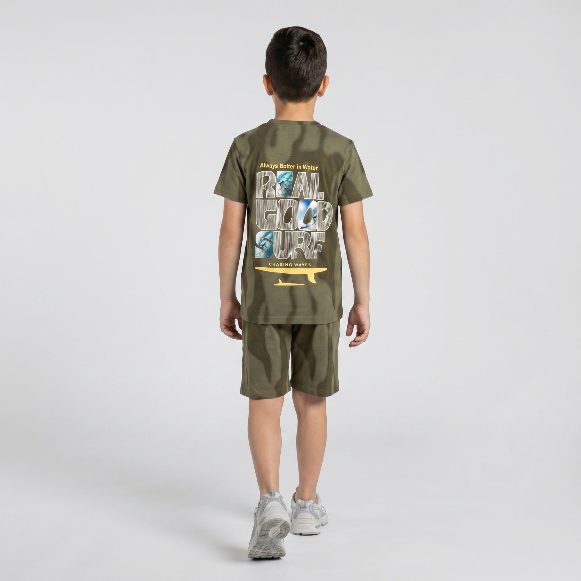 Boys Olive Printed Round Neck Half Sleeve Cords Set