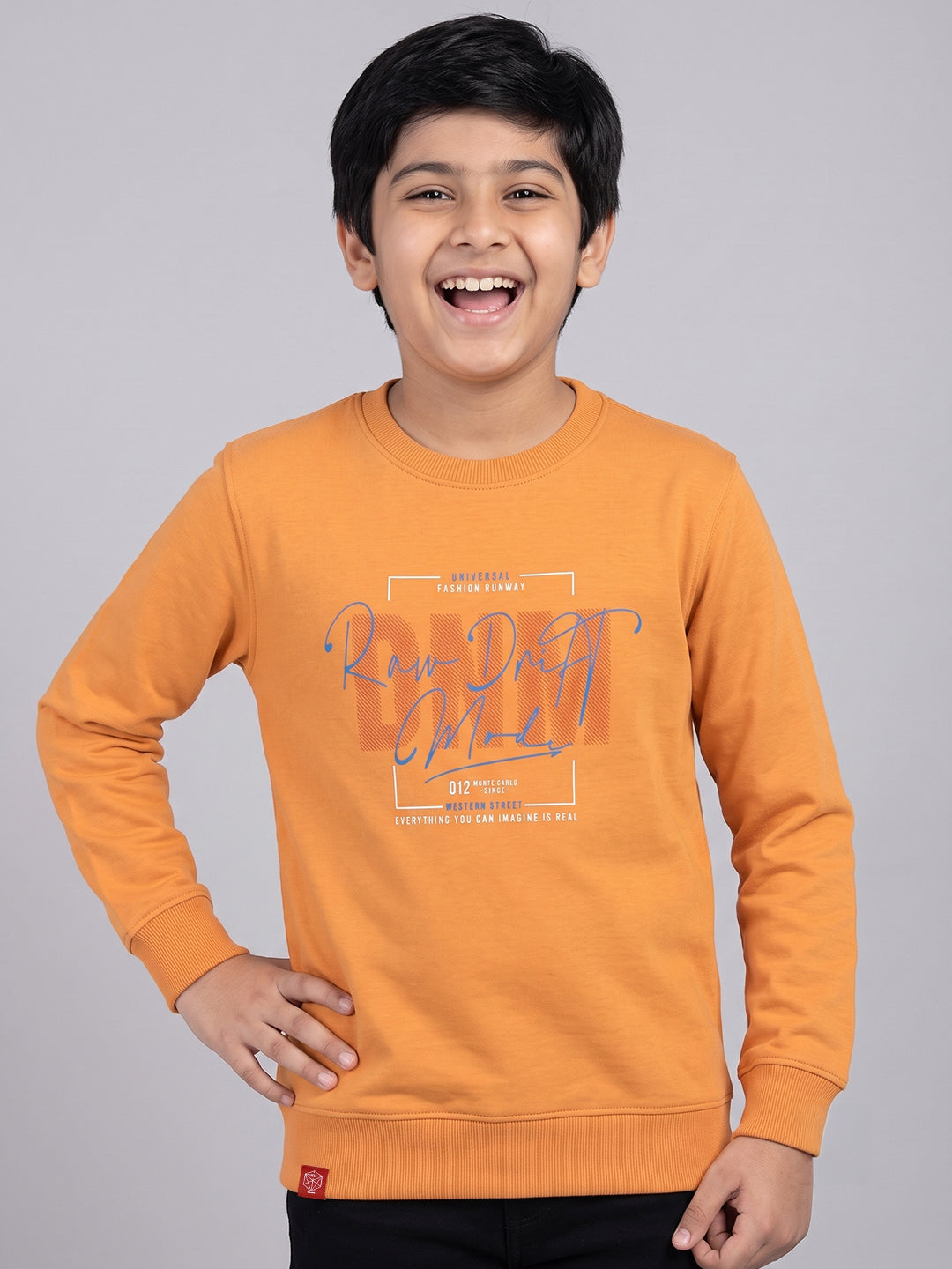 Boys Orange Printed Round Neck Full Sleeve Sweatshirt