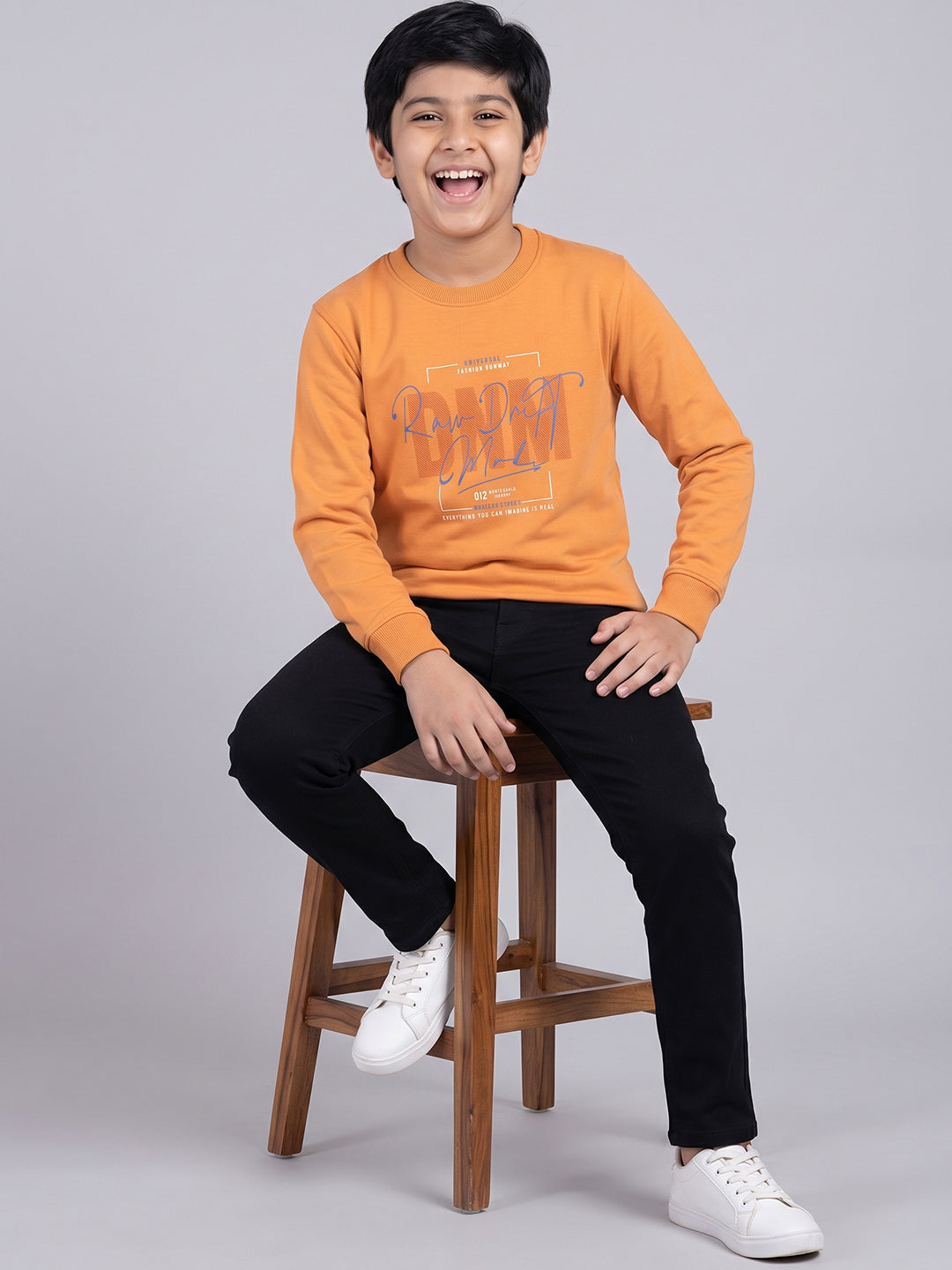 Boys Orange Printed Round Neck Full Sleeve Sweatshirt