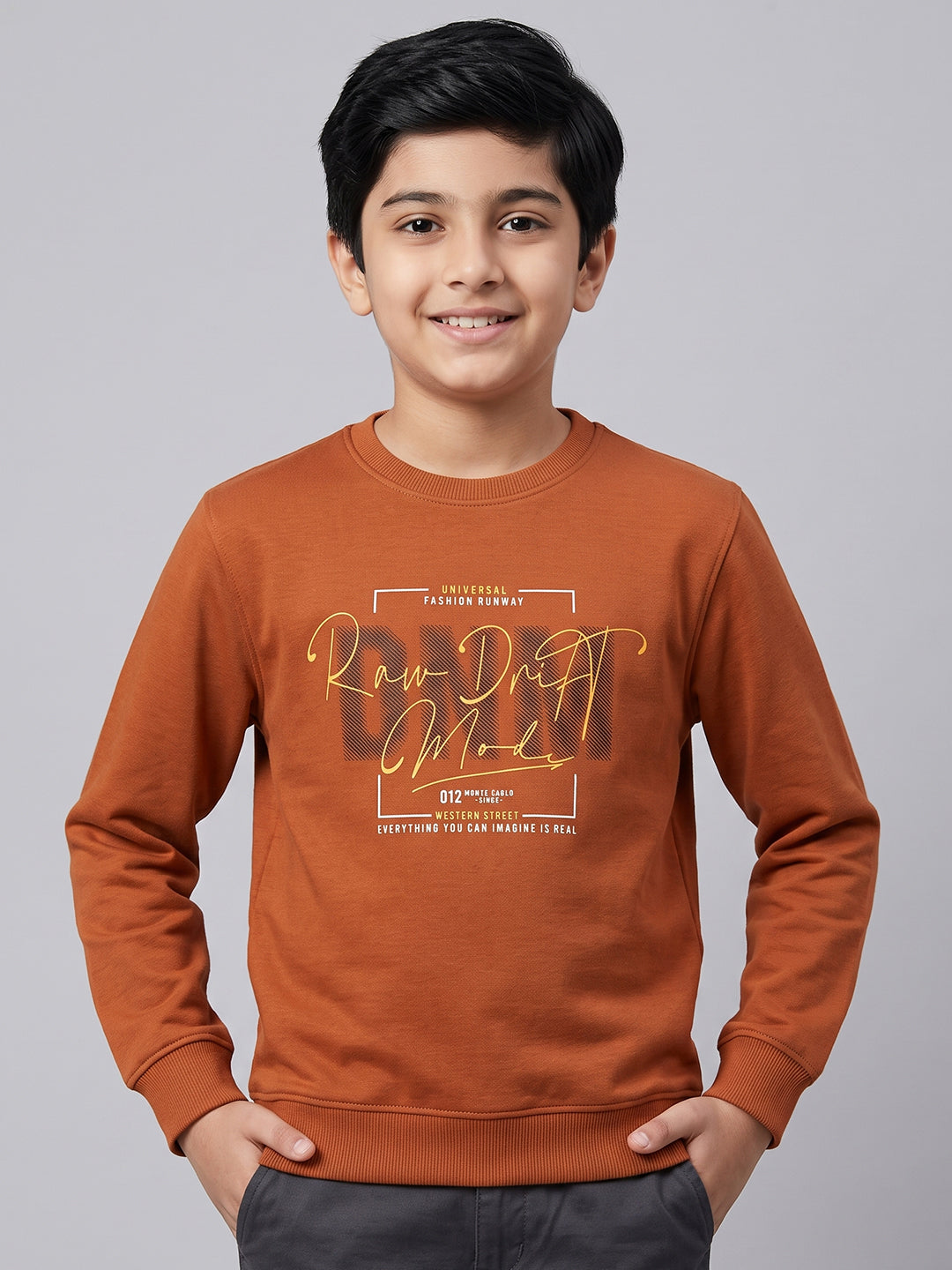 Boys Rust Printed Round Neck Full Sleeve Sweatshirt