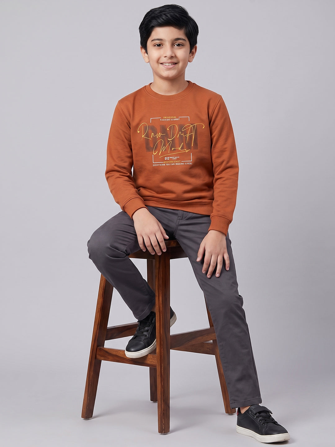 Boys Rust Printed Round Neck Full Sleeve Sweatshirt
