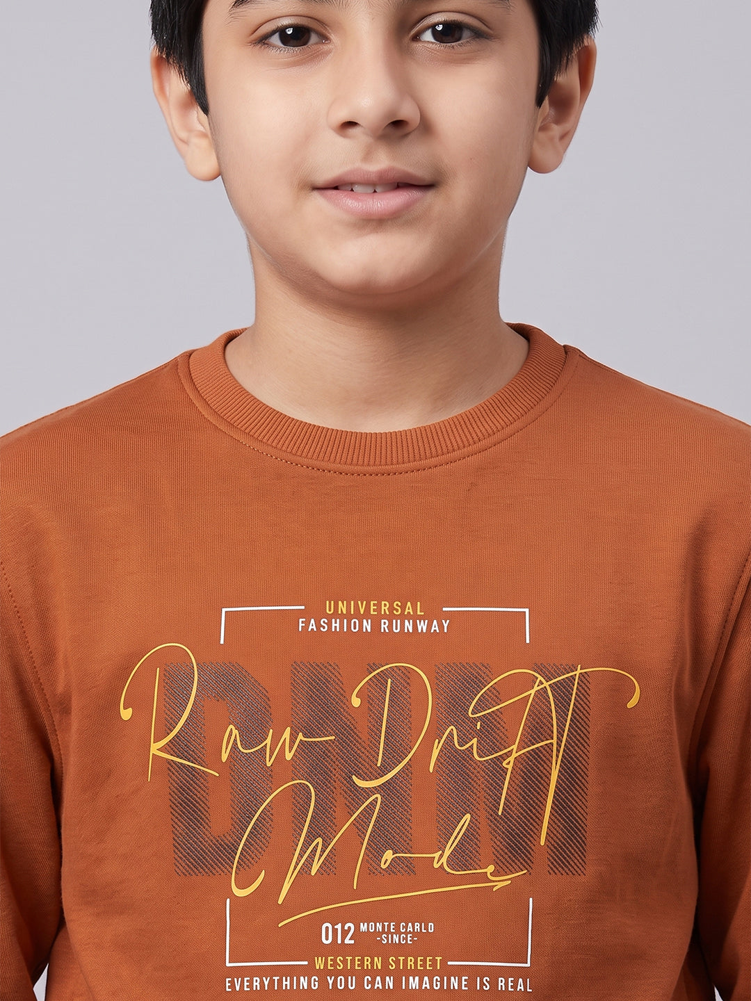 Boys Rust Printed Round Neck Full Sleeve Sweatshirt