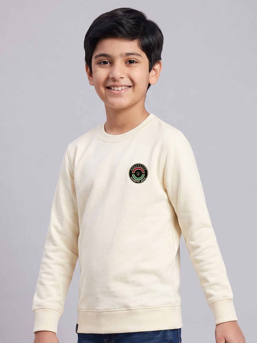 Boys Cream Solid Round Neck Full Sleeve Sweatshirt