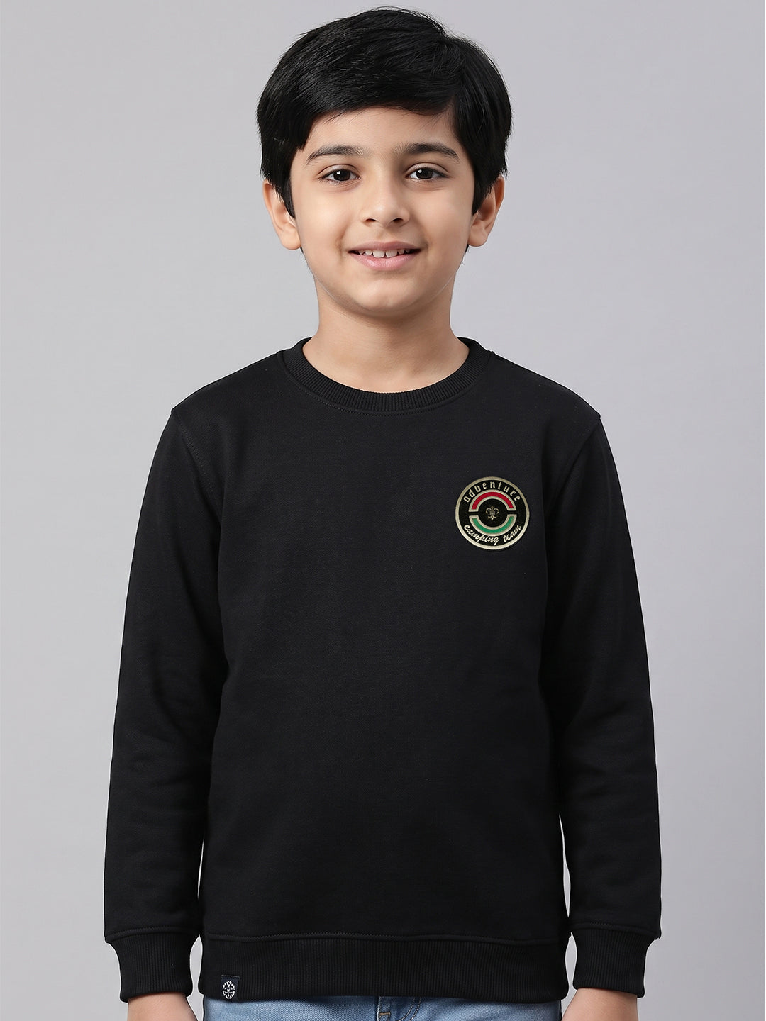 Boys Black Solid Round Neck Full Sleeve Sweatshirt