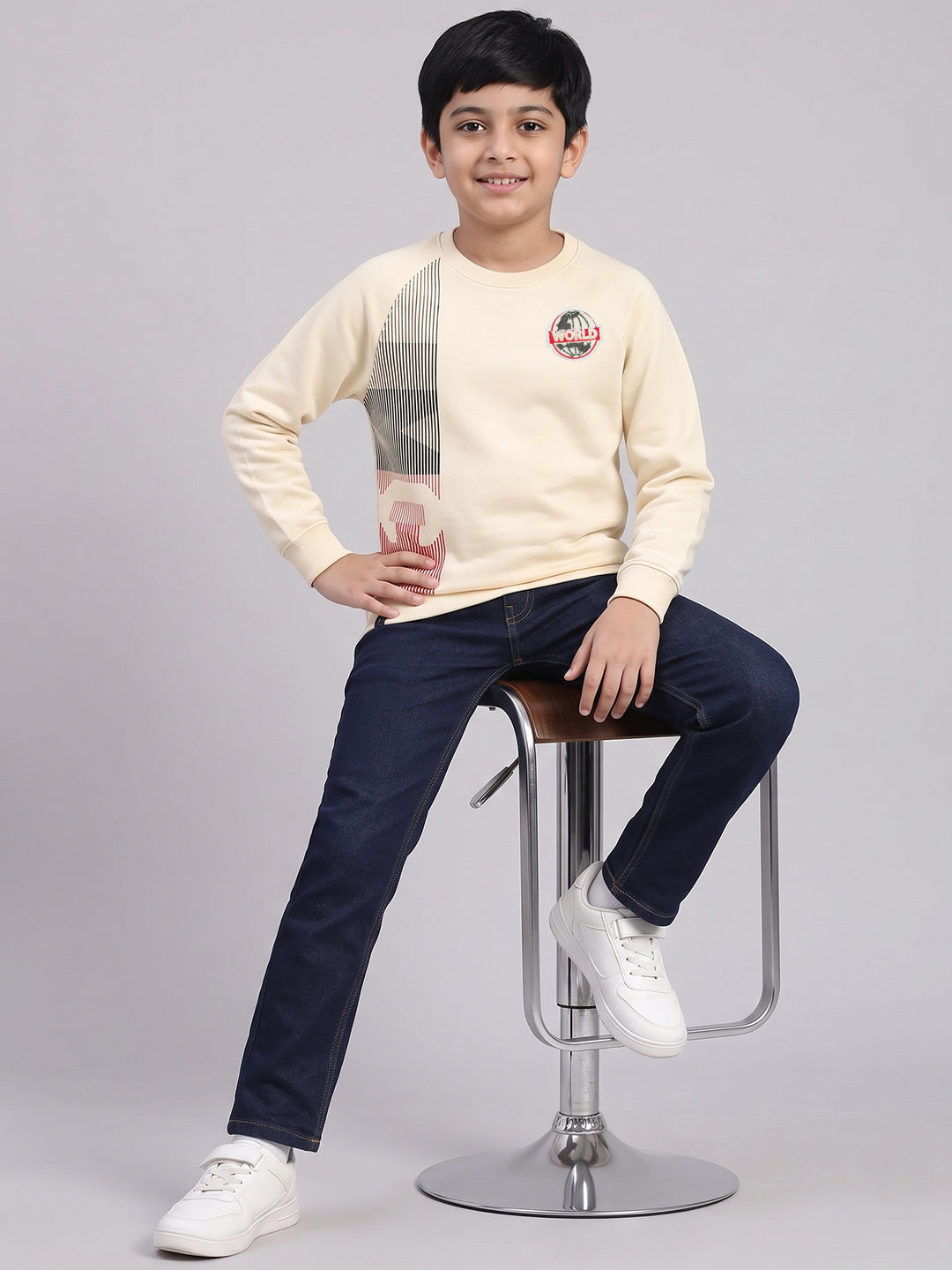 Boys Beige Printed Round Neck Full Sleeve Sweatshirt