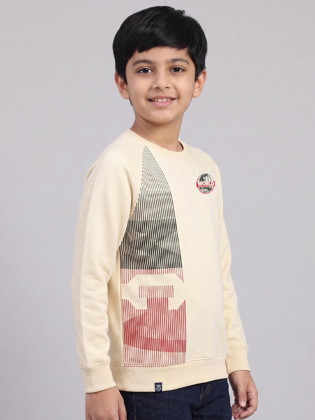 Boys Beige Printed Round Neck Full Sleeve Sweatshirt