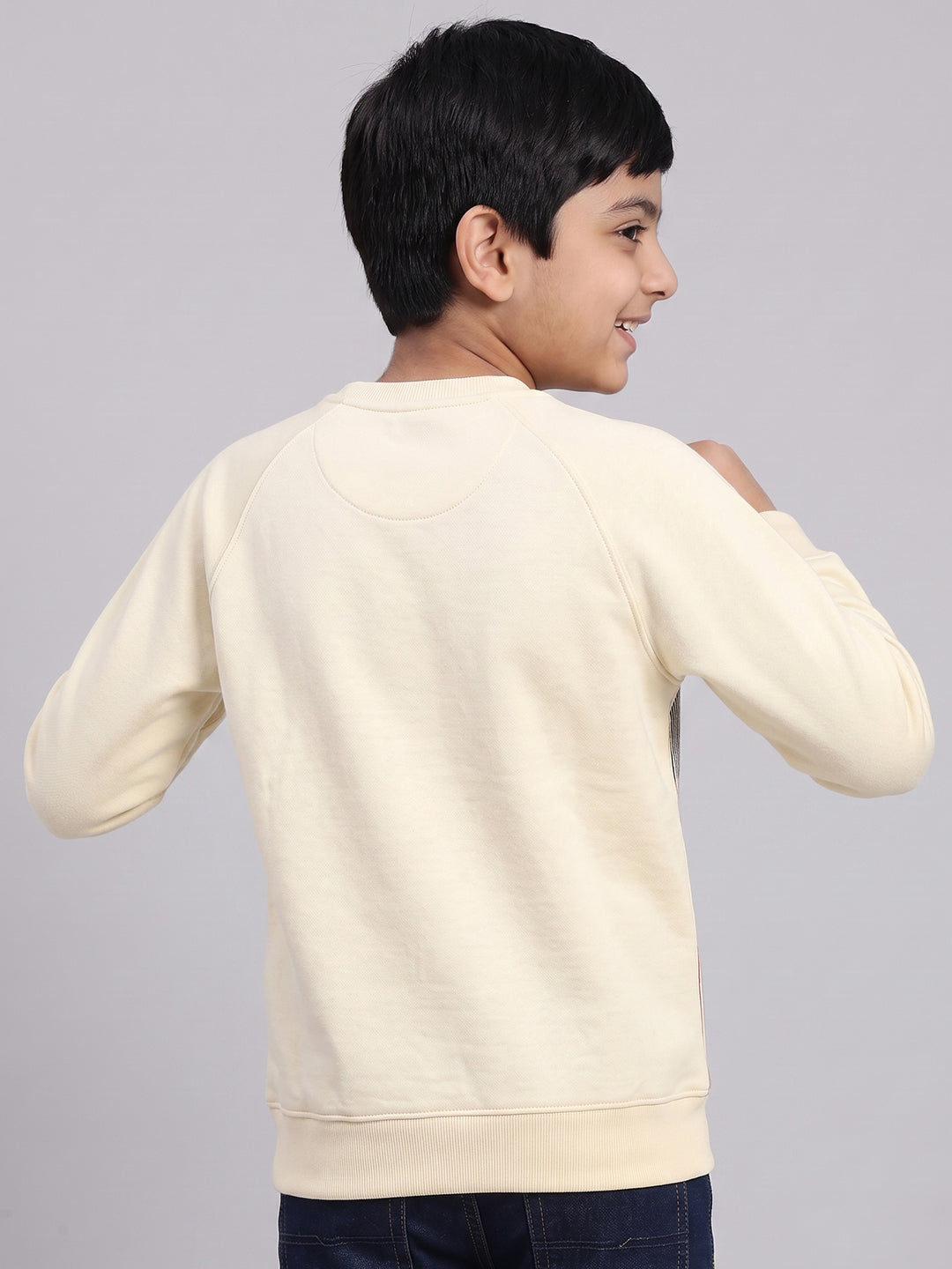 Boys Beige Printed Round Neck Full Sleeve Sweatshirt