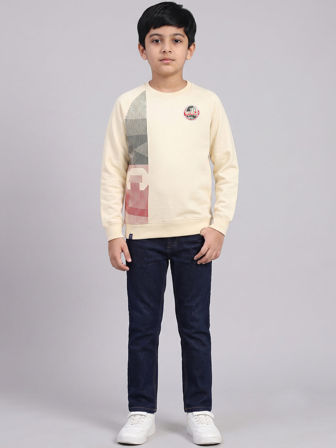 Boys Beige Printed Round Neck Full Sleeve Sweatshirt