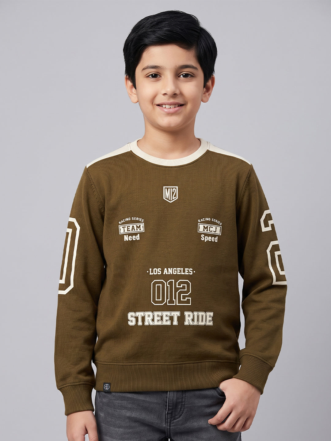 Boys Brown Printed Round Neck Full Sleeve Sweatshirt