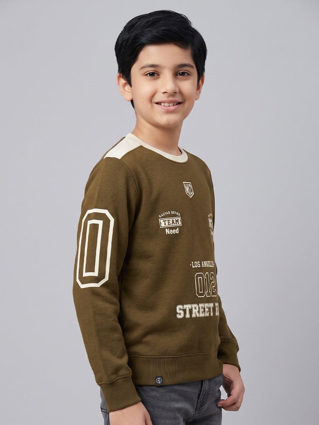 Boys Brown Printed Round Neck Full Sleeve Sweatshirt