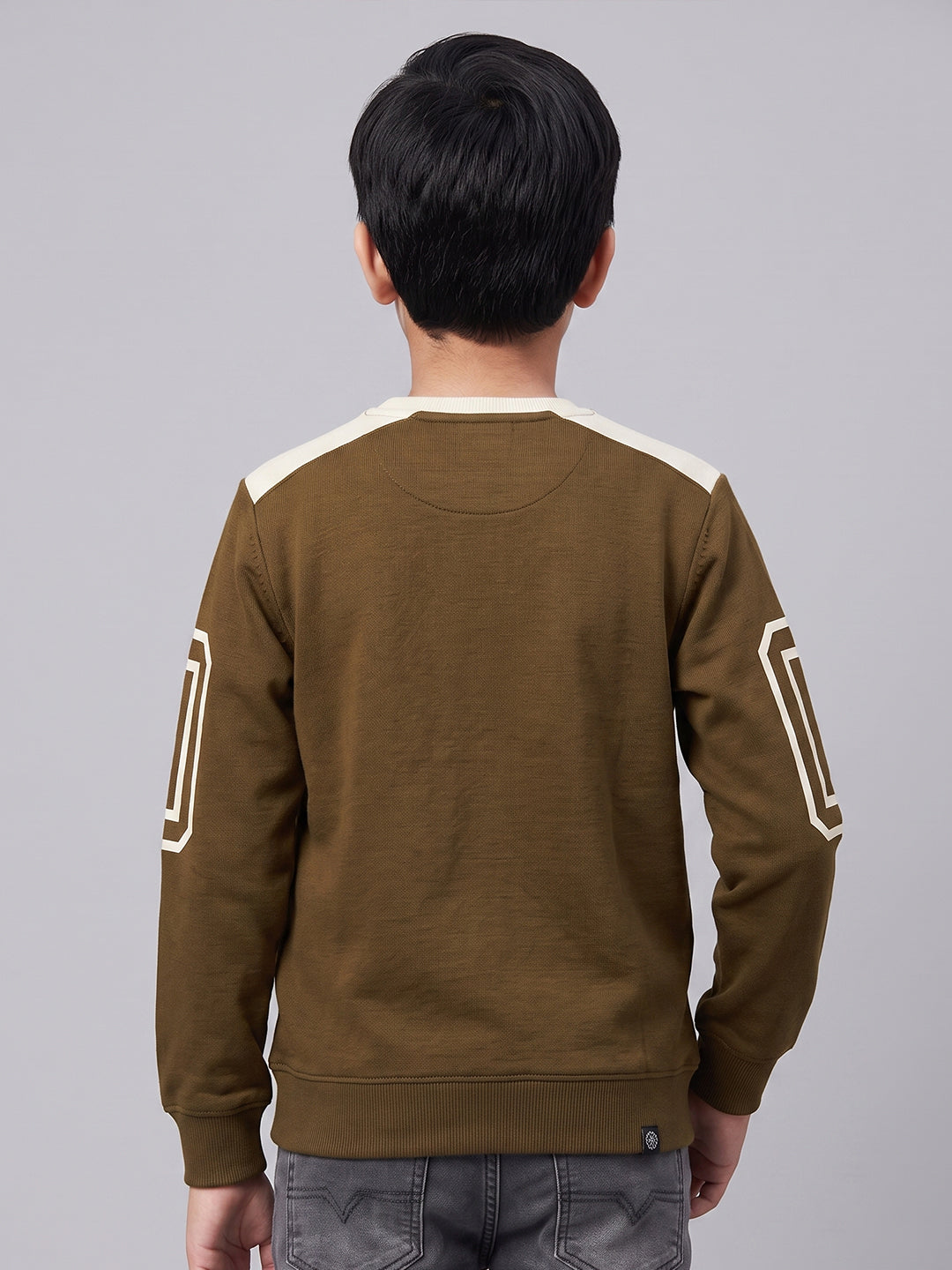 Boys Brown Printed Round Neck Full Sleeve Sweatshirt