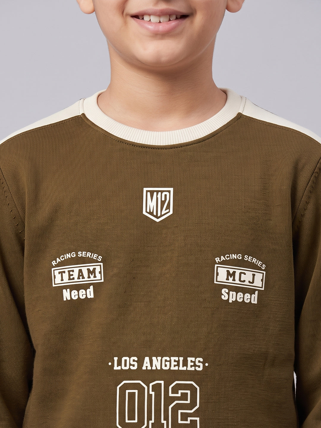 Boys Brown Printed Round Neck Full Sleeve Sweatshirt