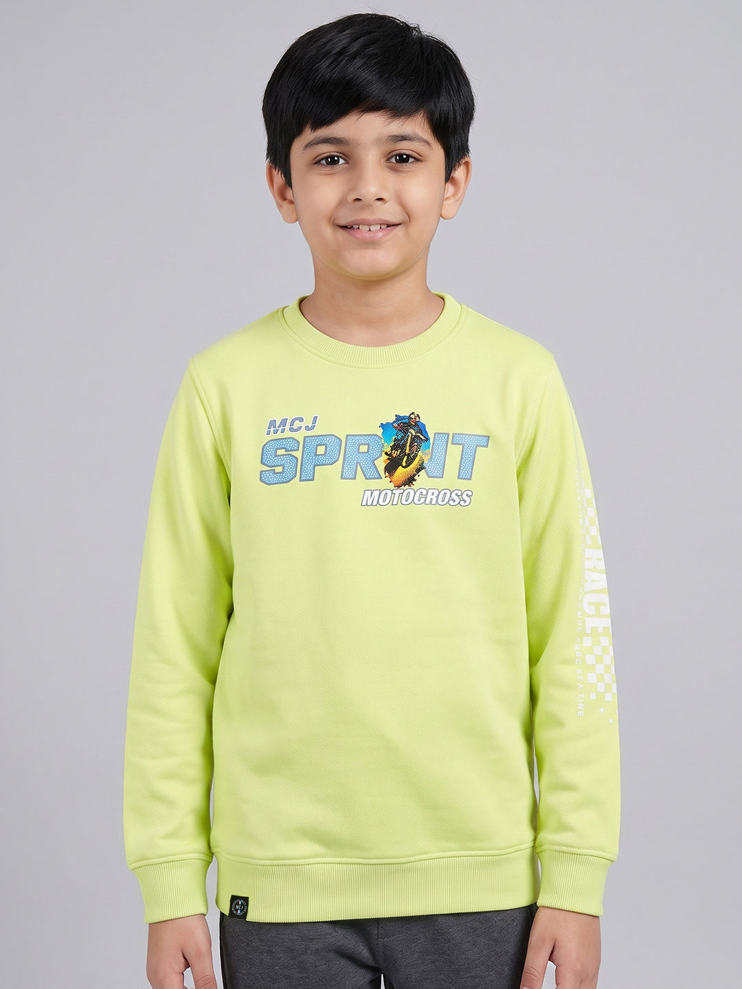 Boys Fluorescent Green Back Printed Round Neck Full Sleeve Sweatshirt