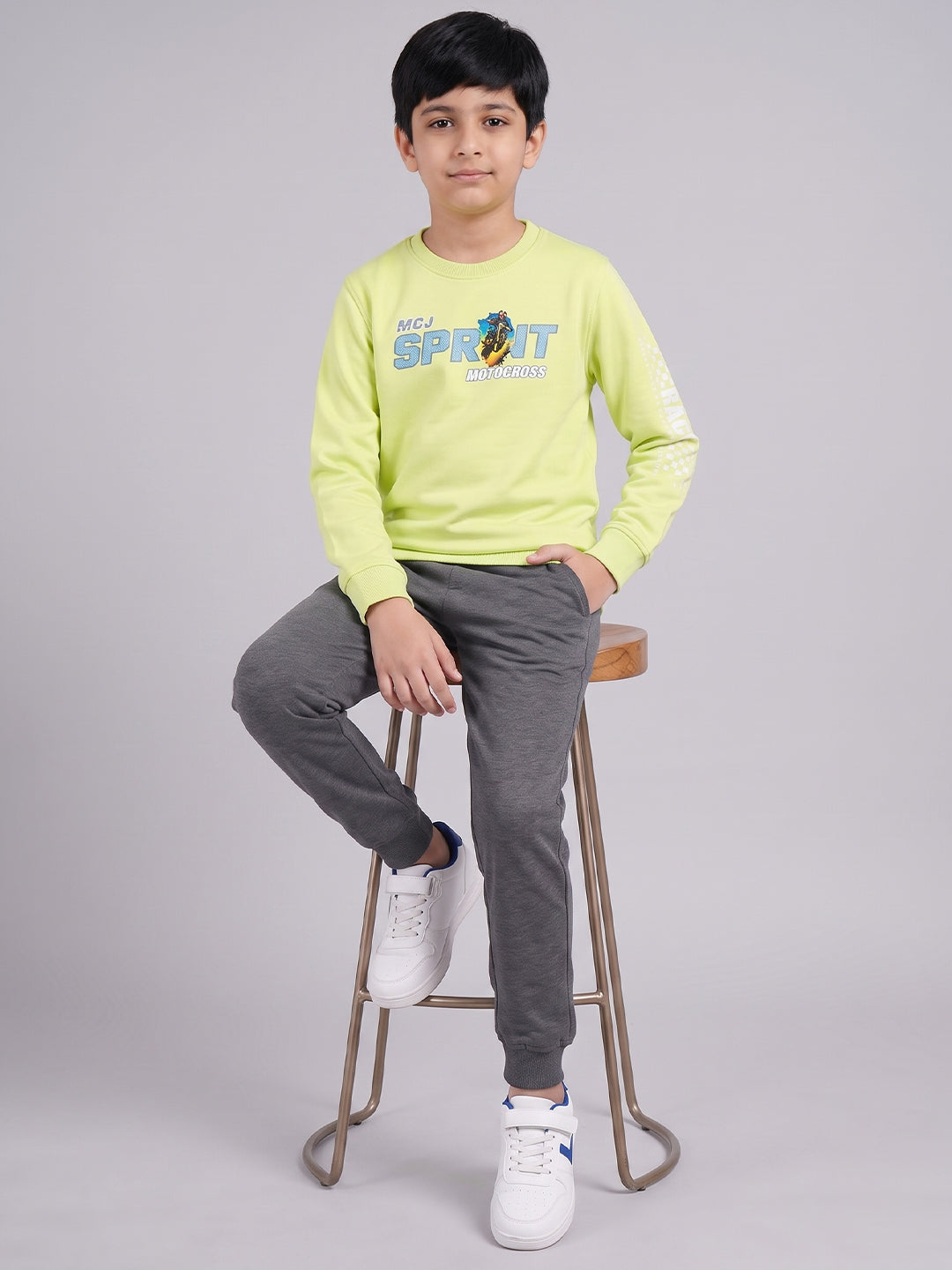 Boys Fluorescent Green Back Printed Round Neck Full Sleeve Sweatshirt