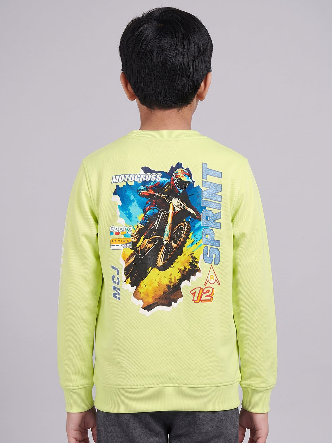 Boys Fluorescent Green Back Printed Round Neck Full Sleeve Sweatshirt