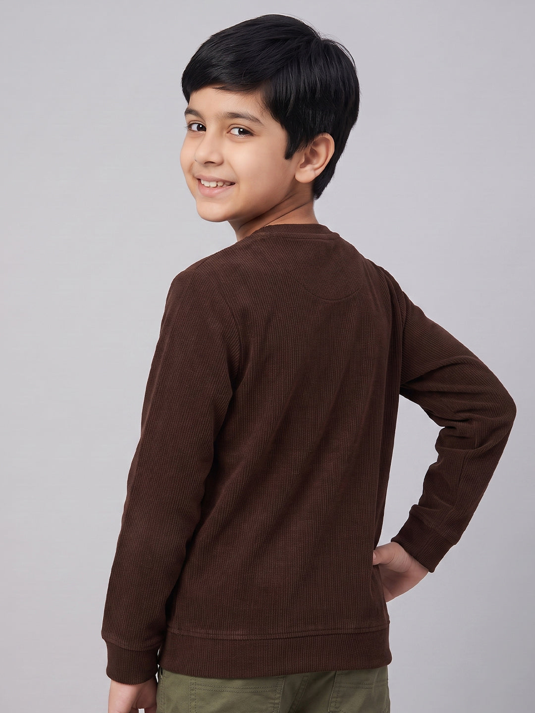 Boys Brown Self Design Round Neck Full Sleeve Sweatshirt