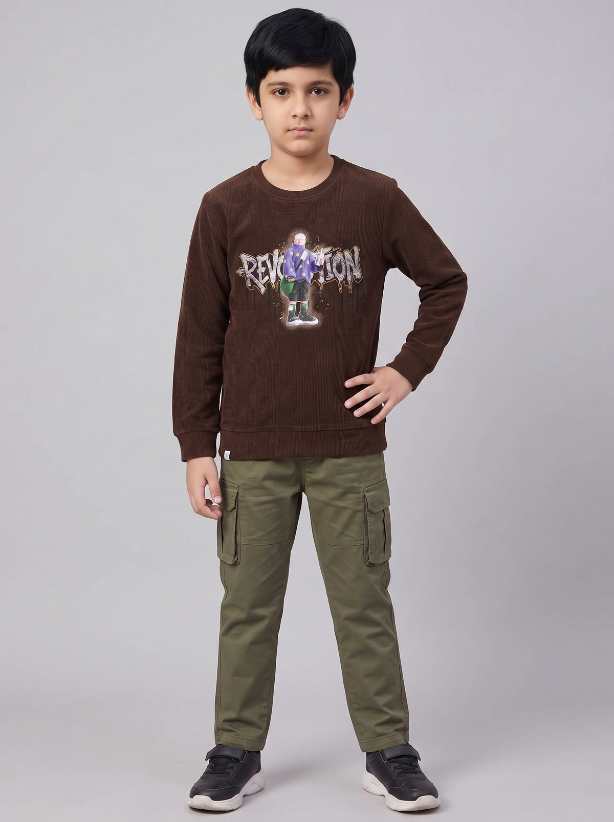 Boys Brown Self Design Round Neck Full Sleeve Sweatshirt