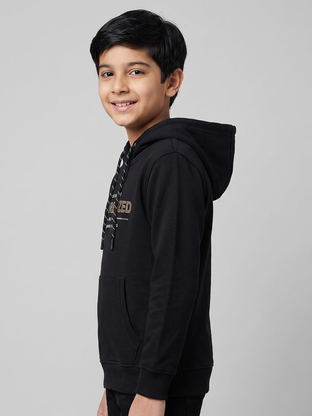Boys Black Printed Hooded Full Sleeve Sweatshirt
