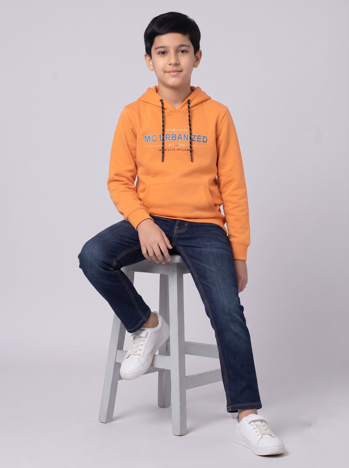 Boys Orange Printed Hooded Full Sleeve Sweatshirt