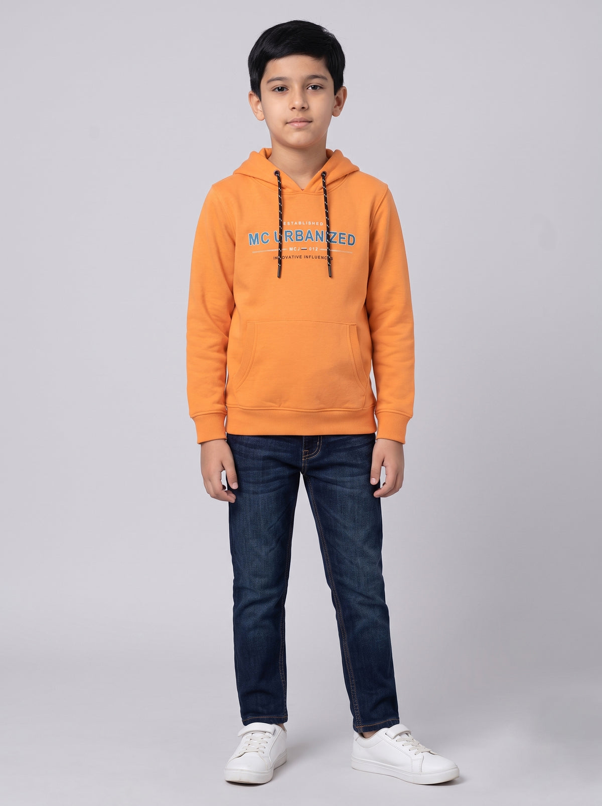 Boys Orange Printed Hooded Full Sleeve Sweatshirt