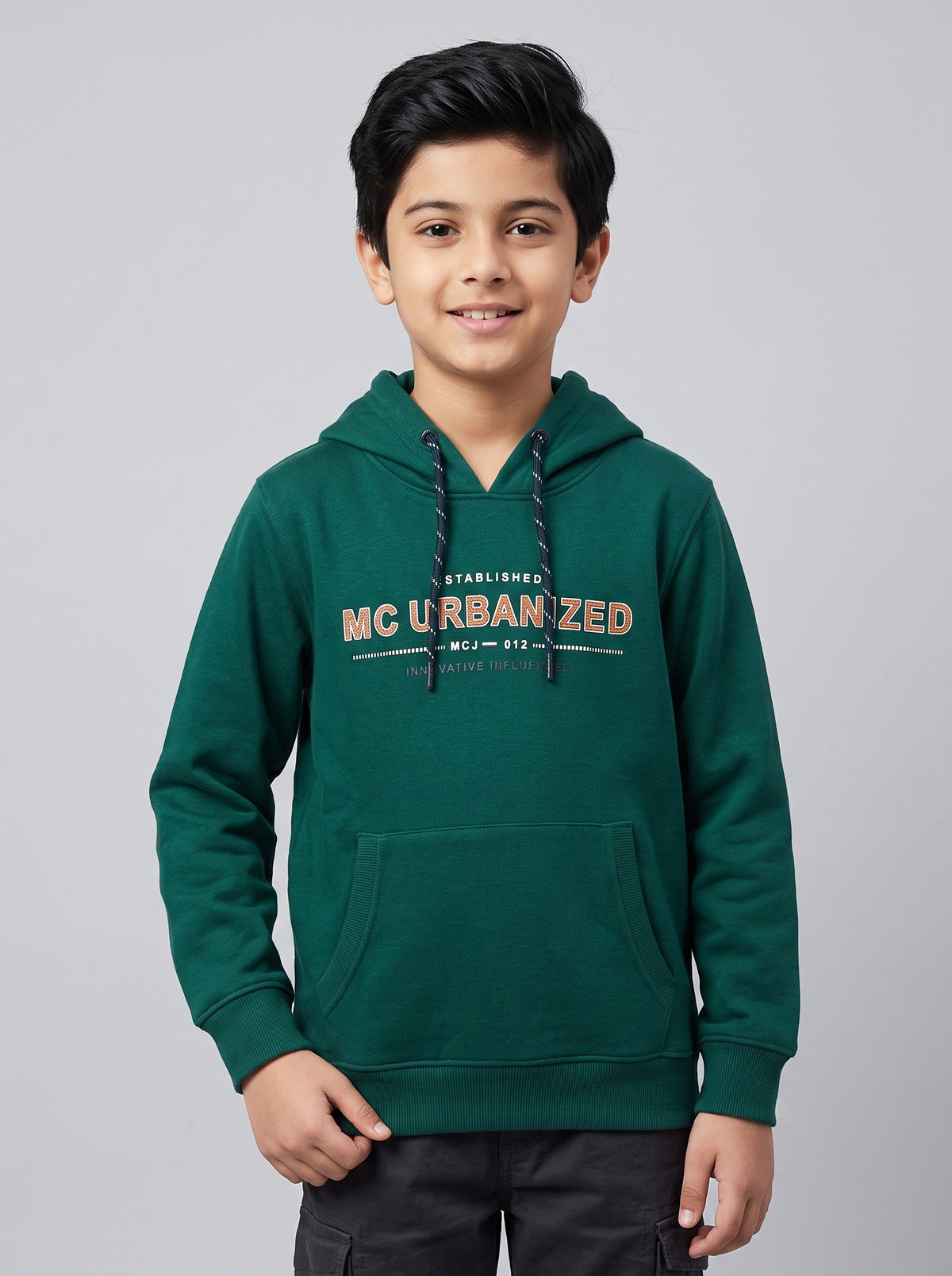 Boys Green Printed Hooded Full Sleeve Sweatshirt