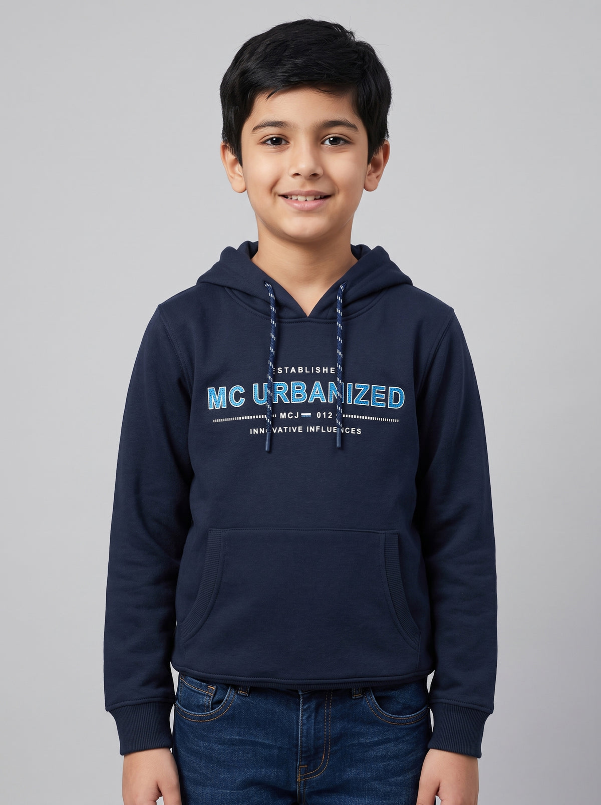 Boys Navy Blue Printed Round Neck Full Sleeve Sweatshirt