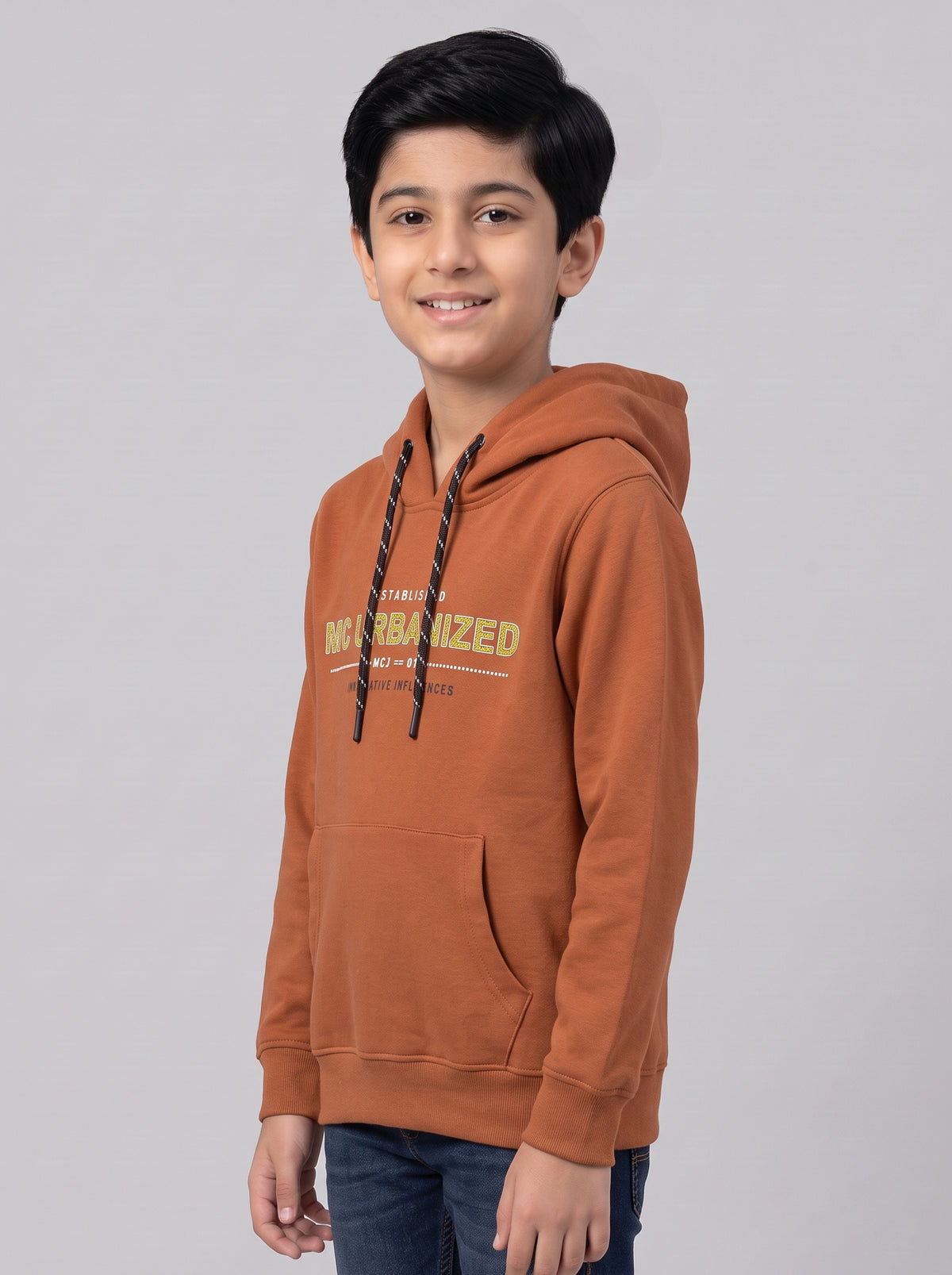 Boys Rust Printed Hooded Full Sleeve Sweatshirt