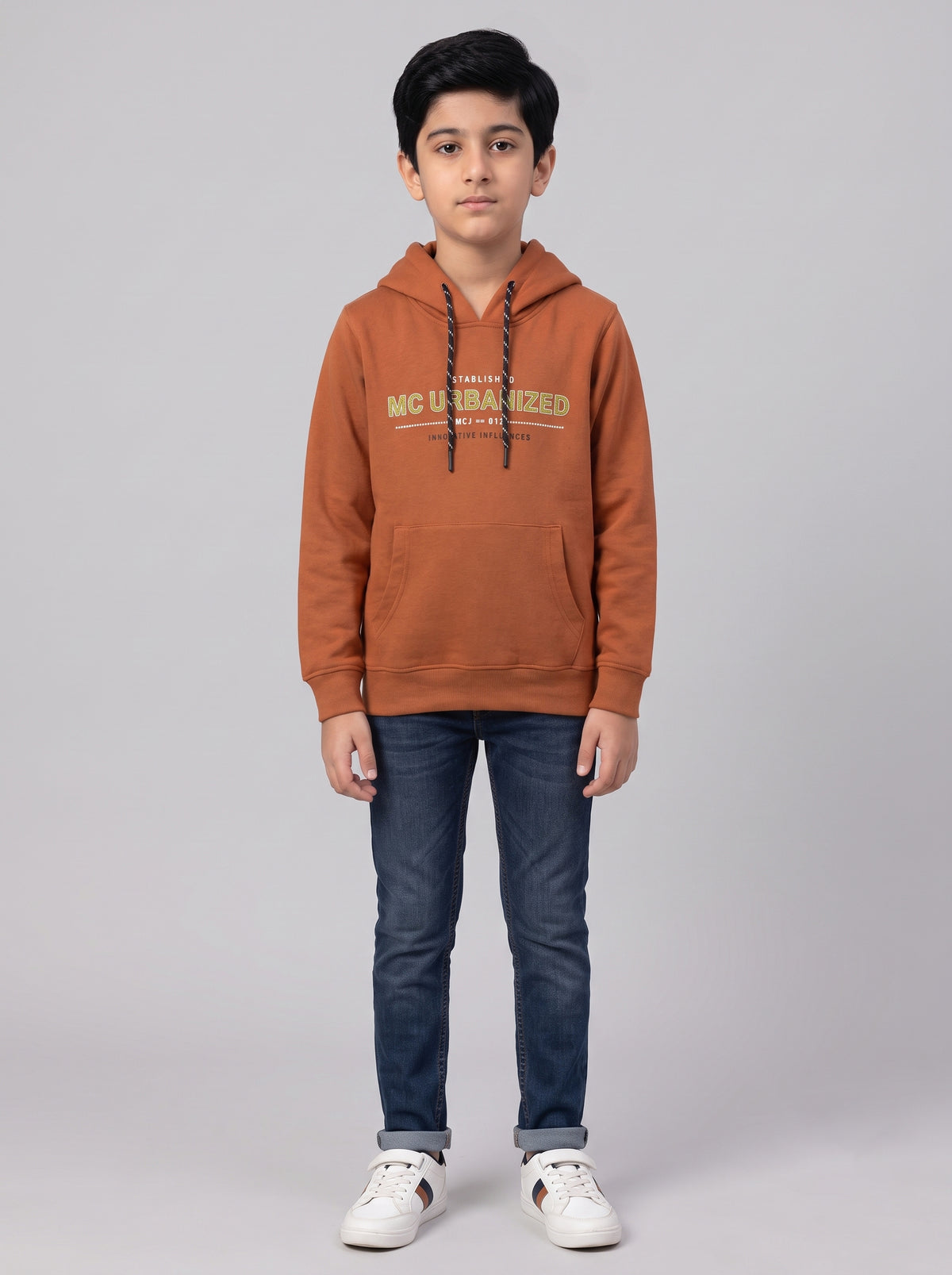 Boys Rust Printed Hooded Full Sleeve Sweatshirt