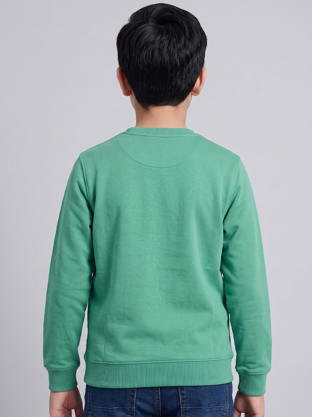 Boys Green Solid Round Neck Full Sleeve Sweatshirt