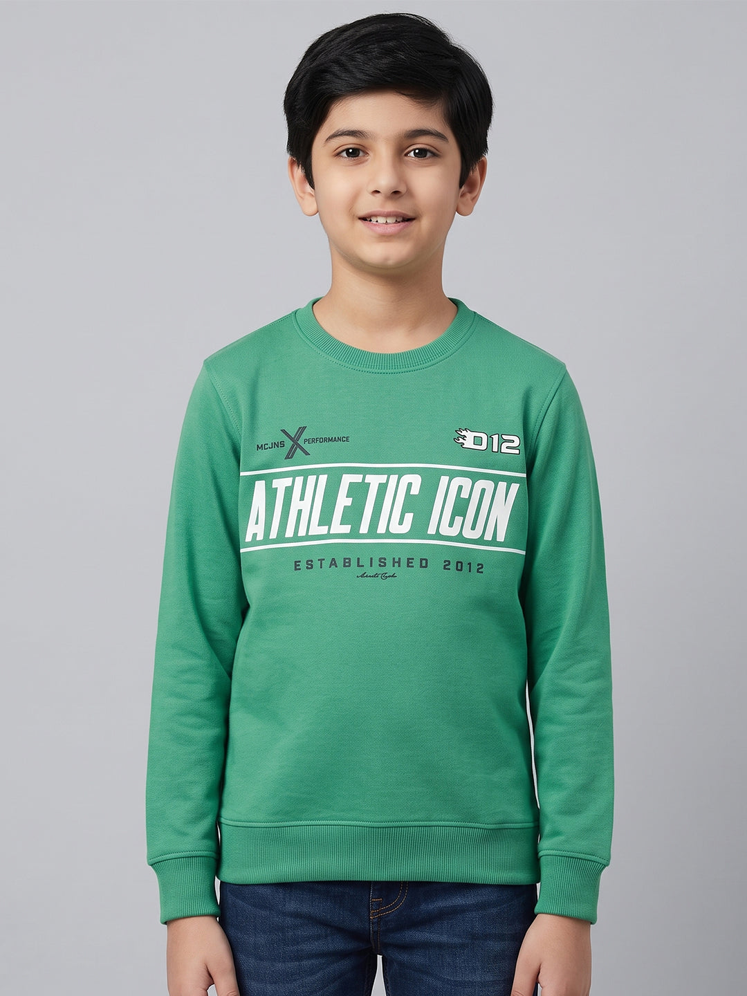 Boys Green Printed Round Neck Full Sleeve Sweatshirt