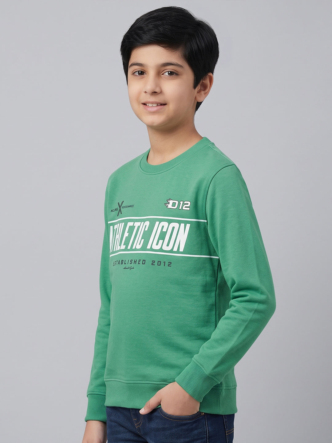 Boys Green Printed Round Neck Full Sleeve Sweatshirt