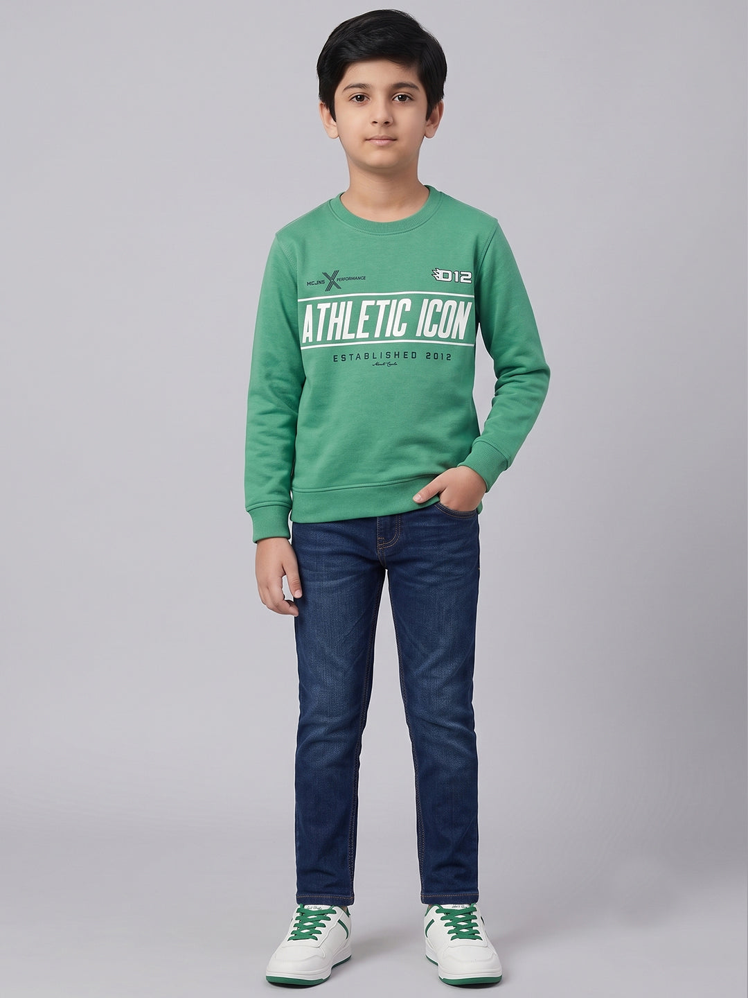 Boys Green Printed Round Neck Full Sleeve Sweatshirt