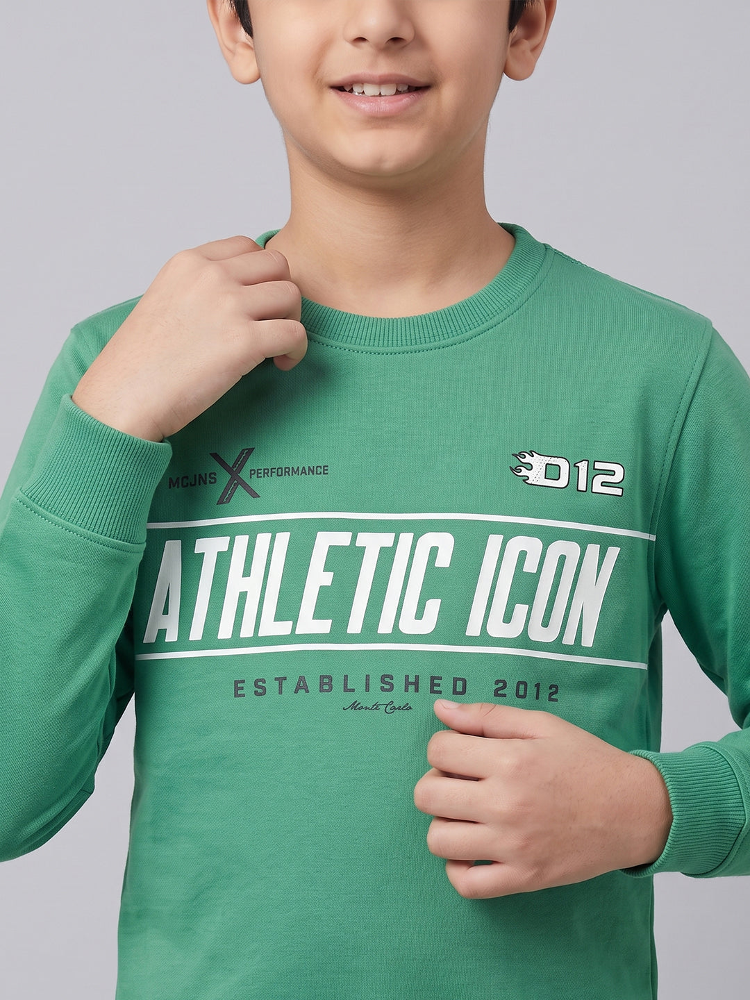Boys Green Printed Round Neck Full Sleeve Sweatshirt