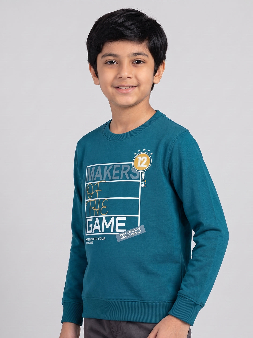 Boys Teal Blue Printed Round Neck Full Sleeve Sweatshirt